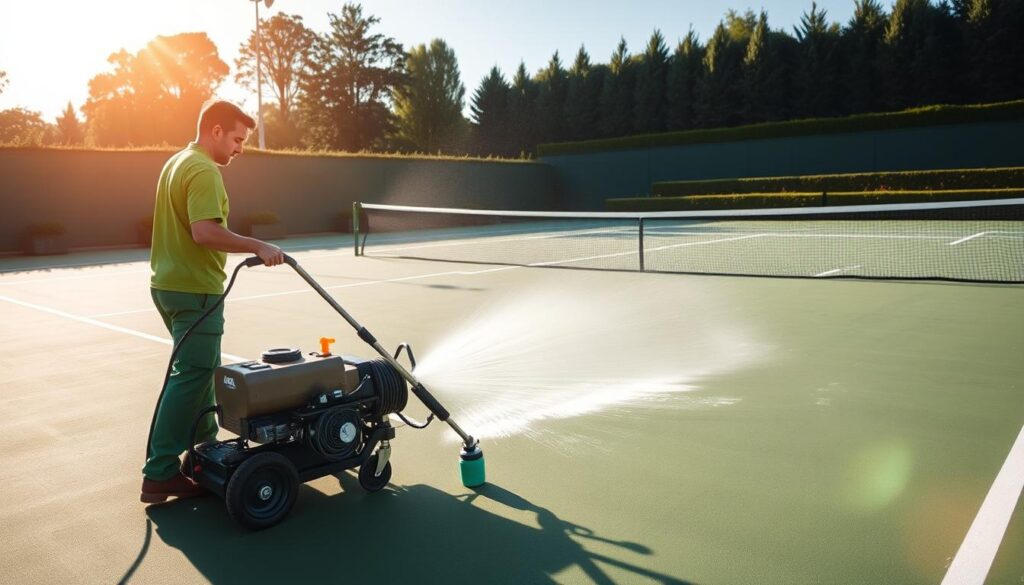 Cleaning a tennis court with a high pressure